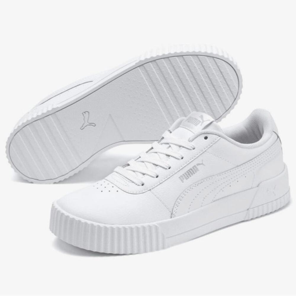 Puma Size 7.5 Carina White Silver Low Top Lace Up Tennis Shoe Athletic Sneakers